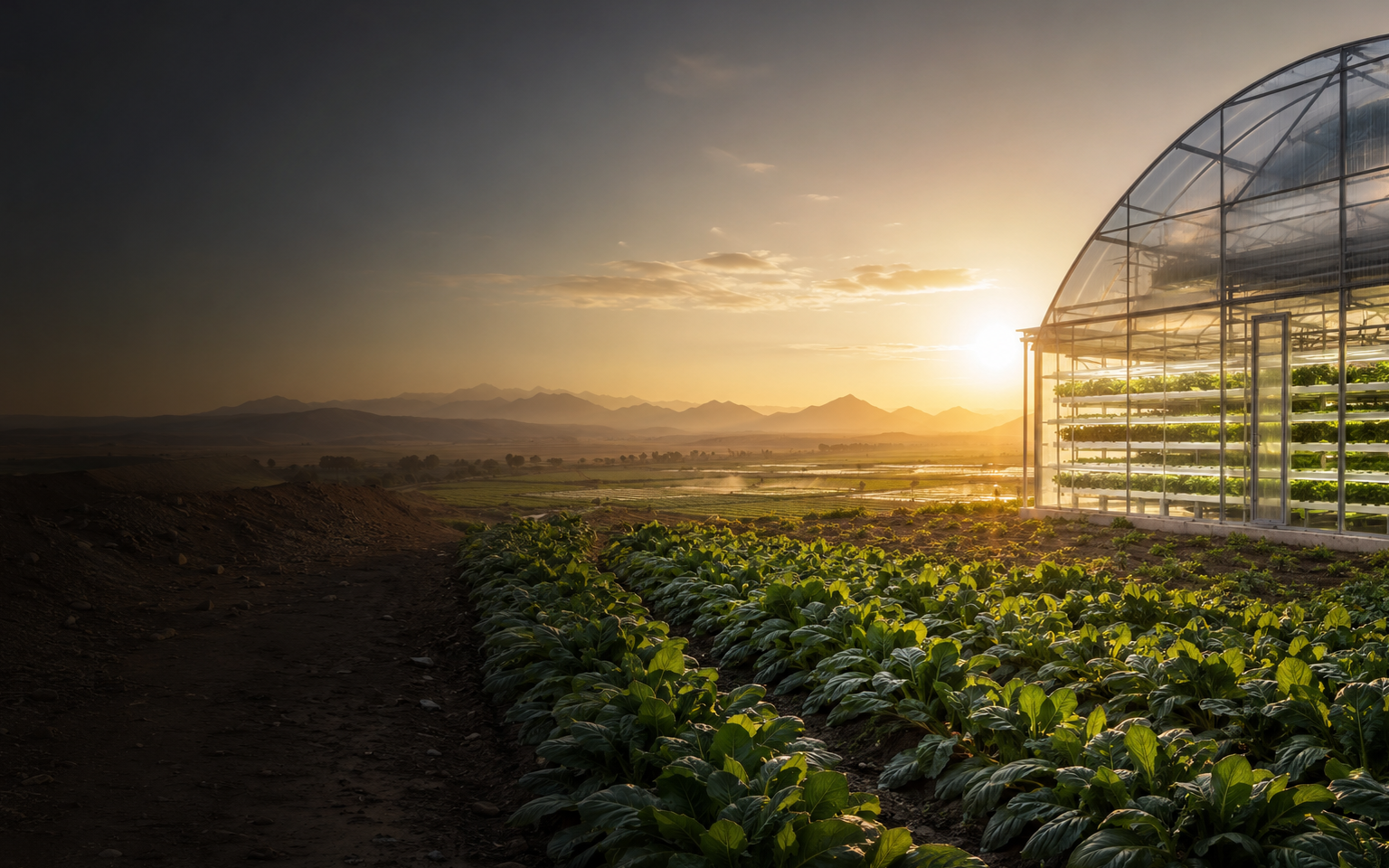 Productive farmland and a modern hydroponic greenhouse at sunrise