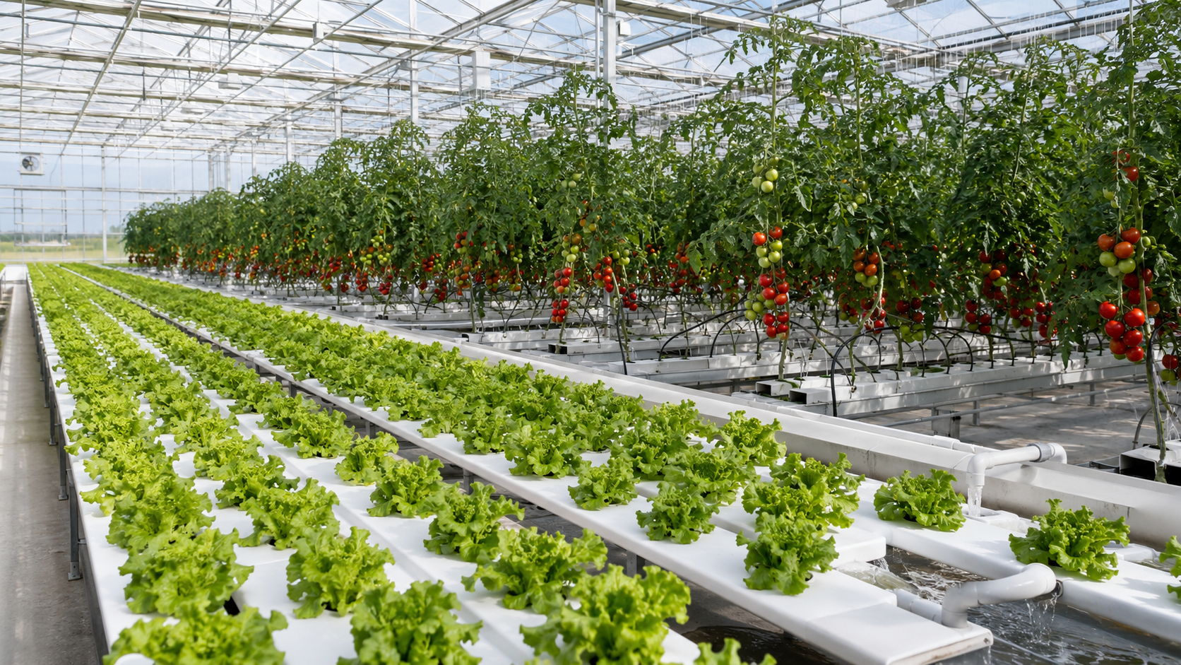 Modern hydroponic greenhouse with healthy crops