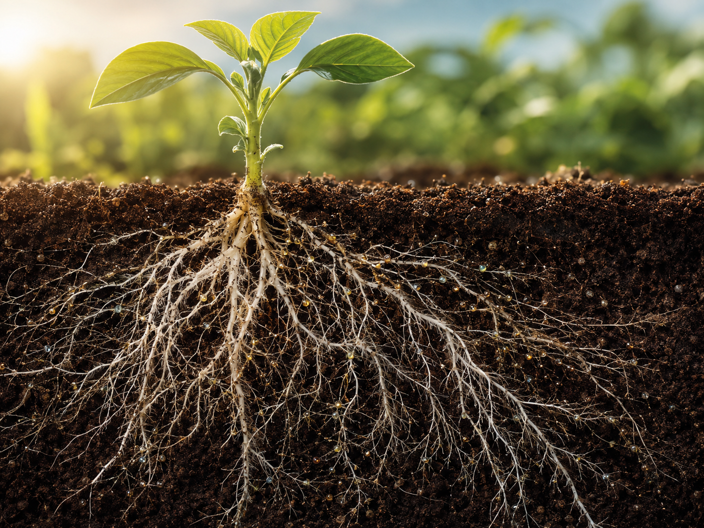 Healthy crop and dense root network in nutrient-rich soil